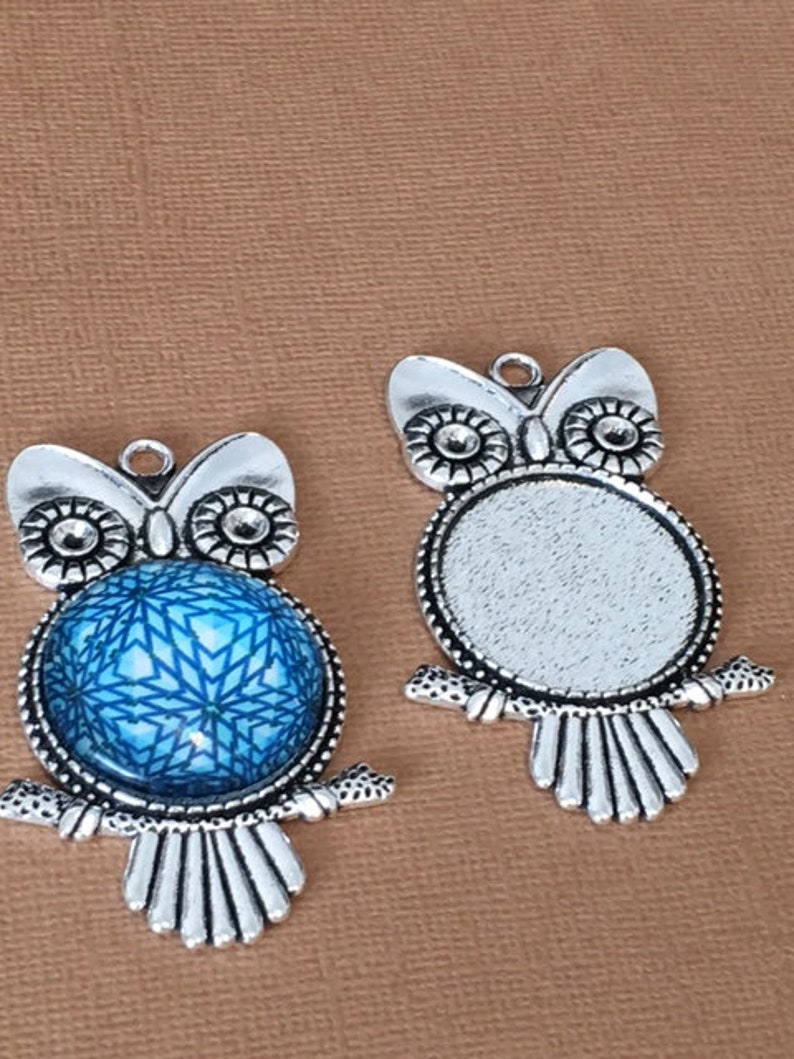 10 Large Antique Silver Owl Pendants 25mm Setting 1 inch DIY Jewelry Setting Cabochons 55mm x 30mm x 2mm Blanks