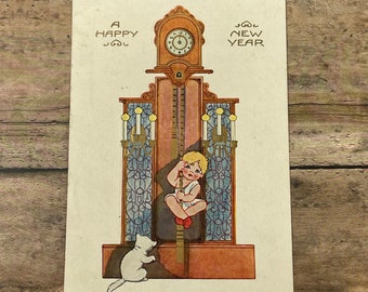 c1930 Vintage A Happy New Year Postcard Ephemera - Grandfathers Clock Child Cat - Scrapbook