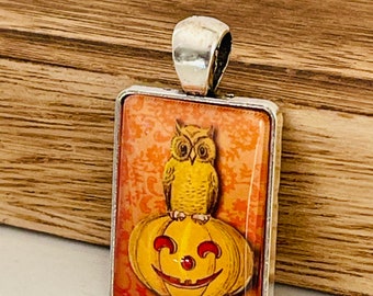 Handmade Primitive Owl Pumpkin Pendant for Gift Giving - Folk Art Halloween Charm - Whimsical