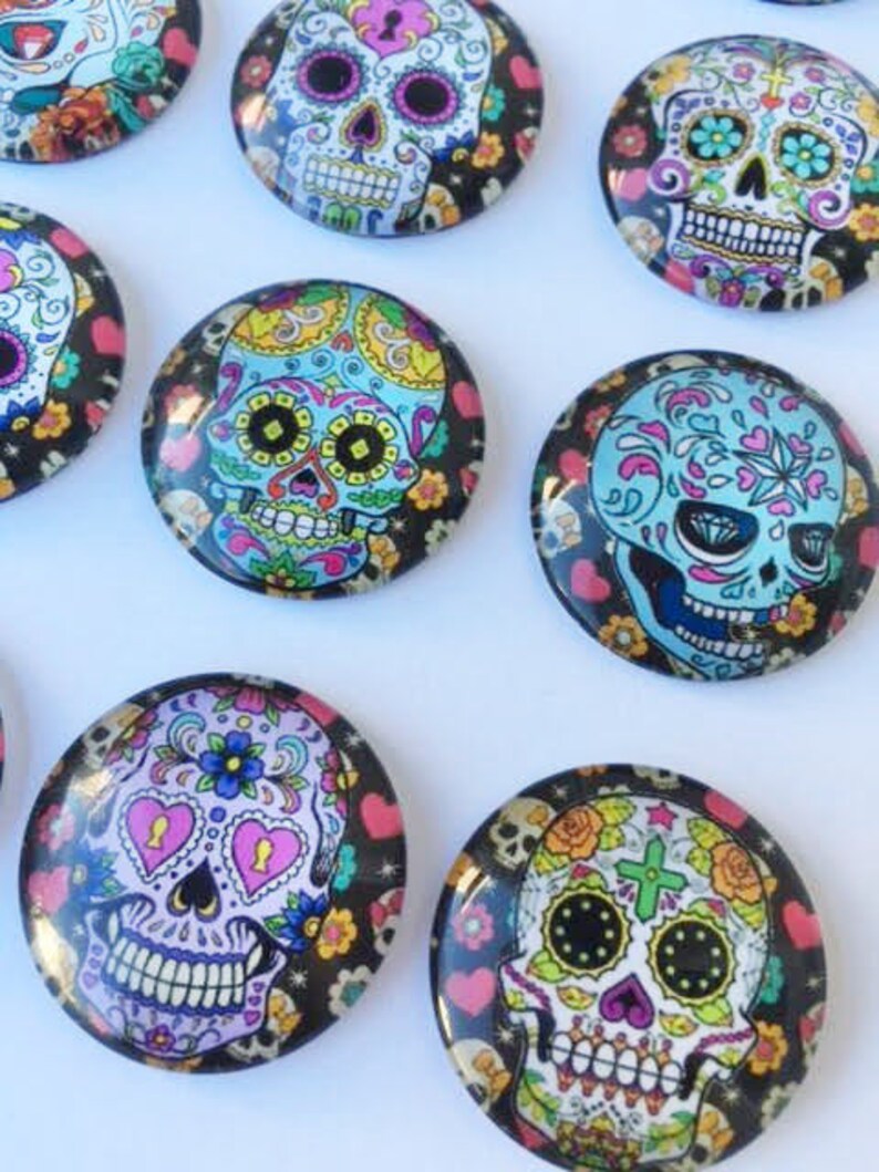 6 GLASS Sugar Skull Dome coloured Cabochons 25mm Day of the Dead 20/% MULTI-BUY