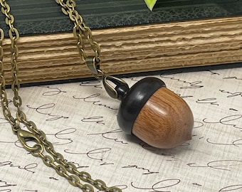 1 Wooden Ebony Acorn Nut Keepsake Pendant Necklace Wish Box - Acorn Locket Gift for her Antique Bronze Chain