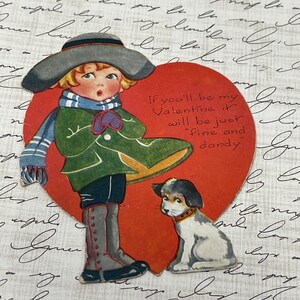 Vintage 1930 Valentine’s Day Card Ephemera - Greeting  Girl & Puppy Diecut