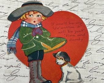 Vintage 1930 Valentine’s Day Card Ephemera - Greeting  Girl & Puppy Diecut