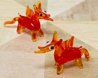 2 Glass Orange Dragon Monster Lampwork Figurines - Miniature Gift Baby Dragon Art Figurines