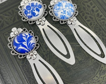 3 Steel Blue Floral Antique Silver Bookmark Clips - Gifts for Teachers  - Book Mark Clips  - Indigo Blue Floral Bookclips