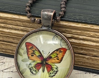 Handmade Butterfly Glass Tile Pendant Necklace - Mother's Day Gift Butterfly Jewelry + Gift Box Antique Copper