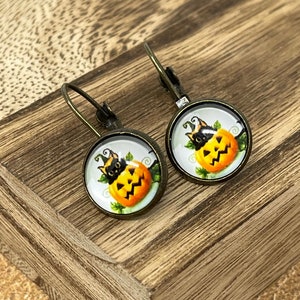 Halloween Black Cat & Pumpkin Fall Antique Bronze Earrings Lever Back - Gift Idea