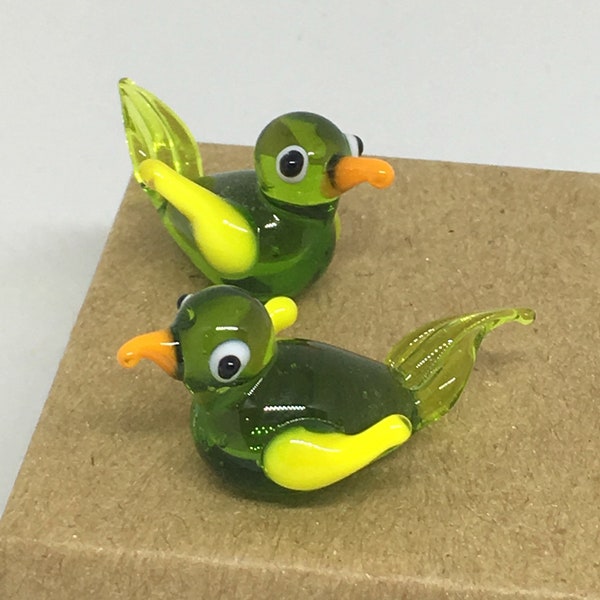 2 Glass Ducks Lampwork Figurines - Home Decor - Mallard Bird Water Fowl - Mini Miniatures - Hand Blown - Charms Trinkets