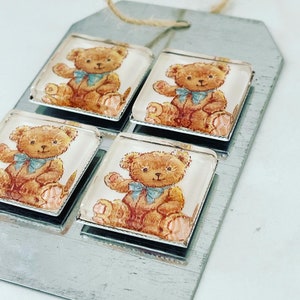 4 Handmade Teddy Bears Fridge Magnet Gift Set for Her  - Glass Tile  - Vintage Image