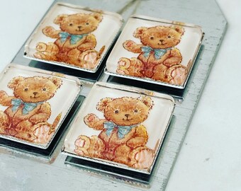 4 Handmade Teddy Bears Fridge Magnet Gift Set for Her  - Glass Tile  - Vintage Image