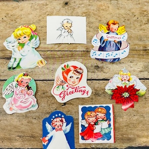 8 Vintage Christmas Seals Stickers for Crafts Gummed Seals - Ephemera Santa Ornament Angels