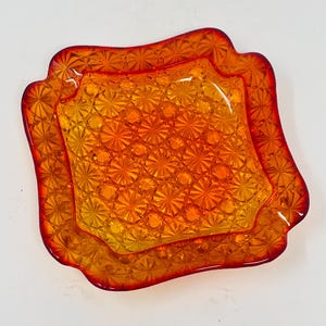 Vintage LG Wright Fenton Amberina Daisy and Button Square Glass Ashtray 5 3/4", Pressed Glass, Collectible Mid-Century Decor, Orange Glows