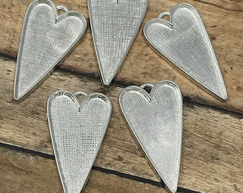 0 Primitive Folk Art Heart Large Platinum Silver Pendants Long Hearts Bezels Jewelry Making Heart Mixed Media