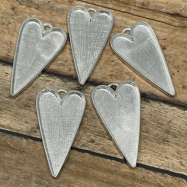 10 Primitive Folk Art Heart Large Platinum Silver Pendants - Bezels Jewelry Making for Mixed Media