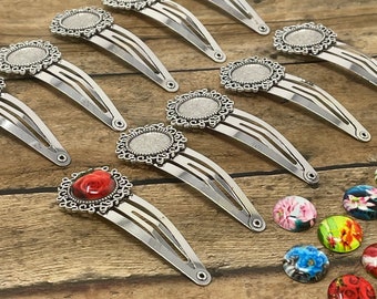 10 DIY Floral Hair Clips Snap Barrettes  + 10 14mm Glass Floral Cabochons - Antique Silver