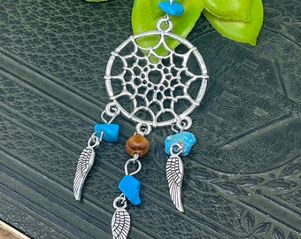 1 Antique Silver Dream Catcher Angel Wings Turquoise Clip Pedant Dreamcather Purse Charm Key Chain Clip - Circle of Life Charm