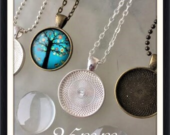 10 Glass Tile Pendant Necklace Kits 25mm 10 Bezels + 10 Chains + 10 Glass Domes , Settings DIY Jewelry Cabochons Antique Brass Silver Round