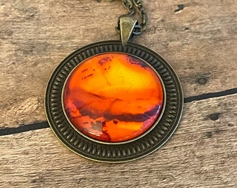 Fiery Sunset - Handmade Alcohol Ink Cabochon Glass Tile Pendant -  Jewelry - Mixed Media - Painting - Gift Idea