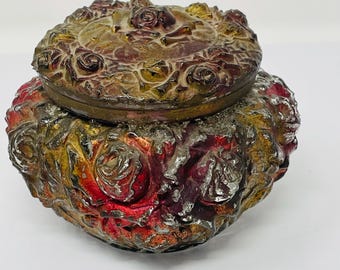 Antique Goofus Glass Vanity Jar Powder Dish Ring Box Gilt Rose Red Gold 4" wide Victorian Dresser Dish