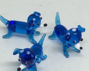 2 Glass Blue Puppy Dog Lampwork Figurines Tiny Pup Animals Bead Mini Miniatures Blue Dog Gift