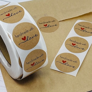 500 Handmade with Love Roll of Stickers Seals Adhesive  - Gift Bags - Tags Labels Happy Mail Packaging - Round 1"