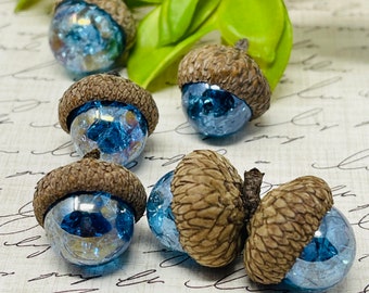 6 iridescent Blue Handcrafted Acorns Cap Crackled Glass Marbles Glass Acorn Home Decor Accents Acorn Gift Idea