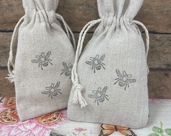 10 SMALL Honey Bee Natural Linen for Party Favor Bags Pouches - Hand Stamped Queen Bees Treat Bags Gift