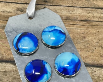 4 Blue Glass Fridge Magnets Gift Set -  Glass Tile Ocean Blue Alcohol Inks