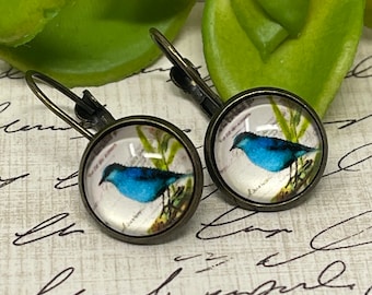 Sweet Blue Bird Glass Antique Bronze Handmade Earrings Lever Back - Bluebird Art Jewelry Gift Idea