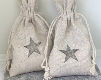 10 SMALL Patriotic Black STARS Natural linen Party Favor Bags Pouches - Hand Stamped Americana 4th of July Treat Bags Gift