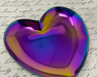 Vibrant Stainless Steel Heart Colorful Trinket Ring Jewelry Dish  - Iridescent Rainbow Blue Purple - Valentine's Day Gift