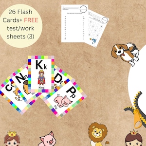 Könnte beinhalten: Ein Satz Alphabet-Karteikarten mit bunten Rändern und Illustrationen eines Königs, eines Schweins, einer Nuss und einer Katze. Die Karten sind Teil eines größeren Sets an Alphabet-Lernmaterialien, das auch Arbeitsblätter enthält. Der Text auf den Karten lautet "Kk King", "Nn Nut", "Pp Pig", und "Cc Cat".