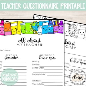 Teacher Questionnaire Printable | My Favorite Things List Questions | Printable Teacher Appreciation Questionnaire, Get To Know Your Teacher