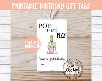 Etiquetas de regalo de cumpleaños imprimibles / Etiquetas de regalo imprimibles para cumpleaños / Etiqueta de regalo de champán imprimible / Saludos a su regalo de champán de cumpleaños