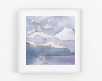 Dusk Landscape Art,  Dusty Purple Watercolour Art, Evening Beach Scene, Nature Artwork, Wall Decor, Original Art