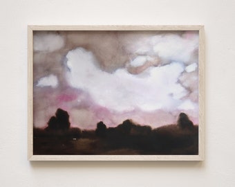 Country Sunset Landscape Painting, Watercolour and Gouache Artwork, Cloud Art,  Dreamy Decor, Original Painting, Unframed