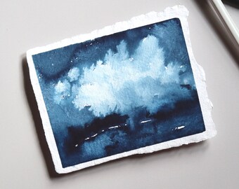 Small Cloud Painting, Night Sky Landscape, Cloud Painting, Indigo Blue Art, Original Painting, Manitoulin Island, Mini 5 x 4 inch Artwork