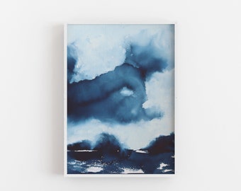 Storm Painting, Cloud Landscape, Watercolour and Gouache Artwork, Indigo Blue Art, River Original Painting, Unframed