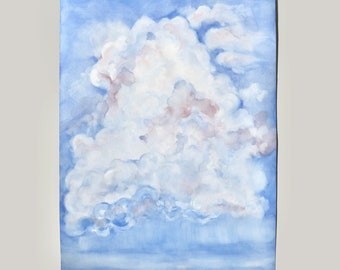 Cumulus Cloud Painting, Large Watercolour and Gouache Artwork, Blue Sky Art,  Nature Scene, Original Painting, Nursery Art, Unframed