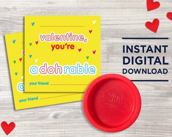 play doh valentine printable card, small square card, kids valentine printable, preschool class valentines, you're adohrable