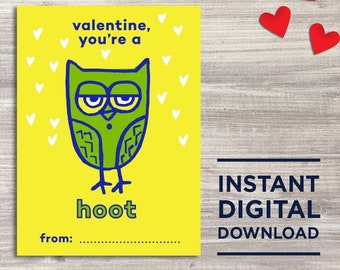 kids valentines printable, valentine you're a hoot, owl, digital file, instant download, class valentine, DIY, valentines day, yellow, green