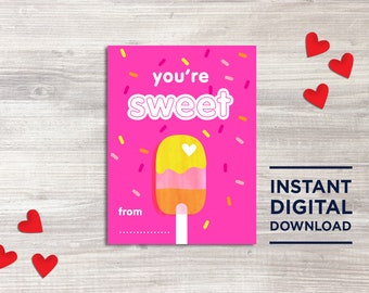 kids valentines printable, you're sweet, digital file, popsicle, preschooler, class valentine, DIY, valentines day, pink, girls