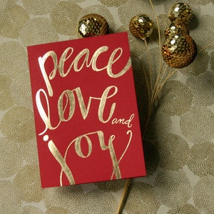 Gold Foil Stamped Holiday Card / Peace Love and Joy / single card and envelope image 1