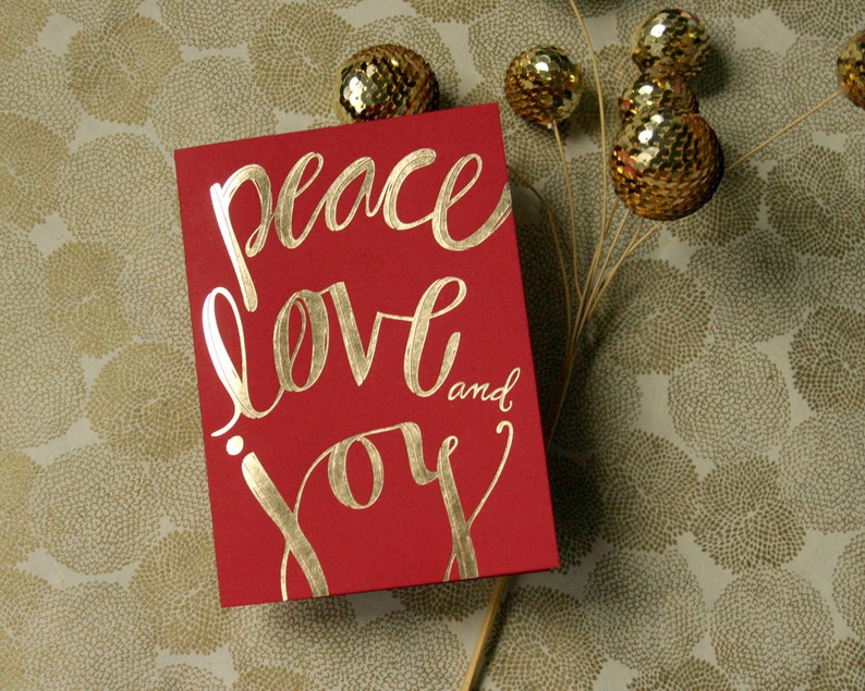 Gold Foil Stamped Holiday Card / Peace Love and Joy / single card and envelope image 1