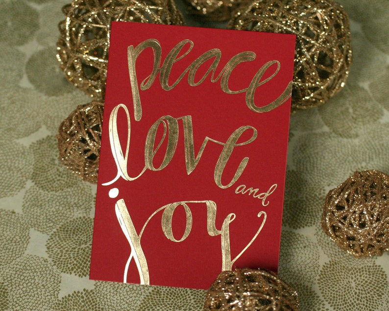 Gold Foil Stamped Holiday Card / Peace Love and Joy / single card and envelope image 5