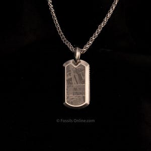 May include: A silver dog tag pendant necklace with a patterned stone inlay. The pendant hangs from a matching chain against a black backdrop. The stone has a unique, textured appearance. The necklace is a piece of jewellery.