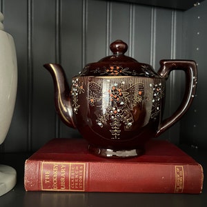 Vintage 1940s Japanese Moriage Teapot Brown Gold Orange Hand Painted Decorative