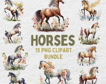 Op de afbeelding: Een digitale clipartbundel met 15 aquarel illustraties van paarden in een bloemenveld. De paarden staan in verschillende poses en kleuren, sommige hebben bloemmotieven op hun vacht. De tekst "Horses 15 PNG Clipart Bundle" staat in het midden van de afbeelding.