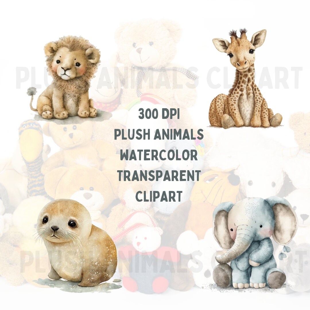 Plush Animals Clipart, Watercolor Clipart Bundle, 300DPI Transparent ...
