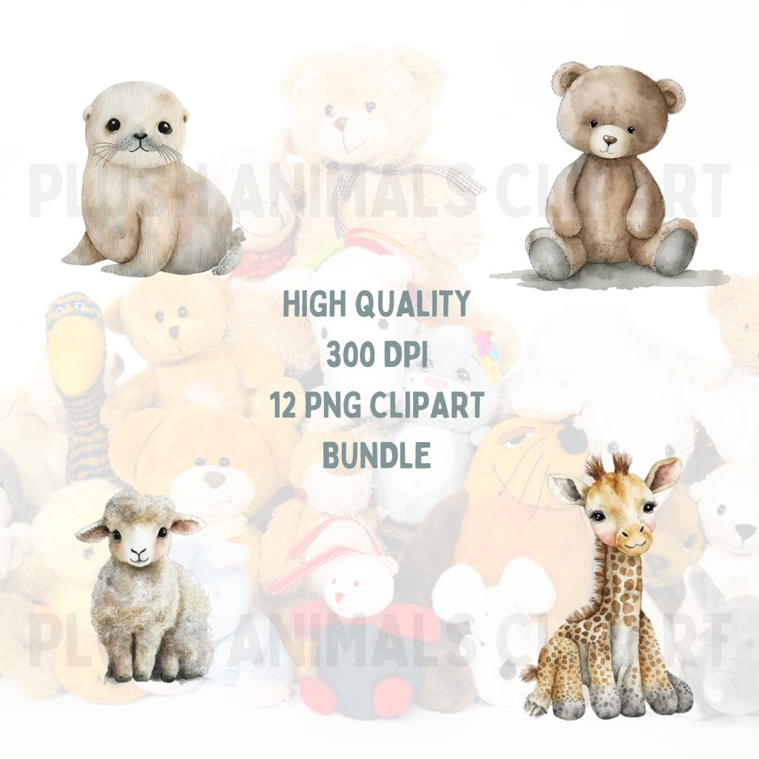 Plush Animals Clipart, Watercolor Clipart Bundle, 300DPI Transparent ...